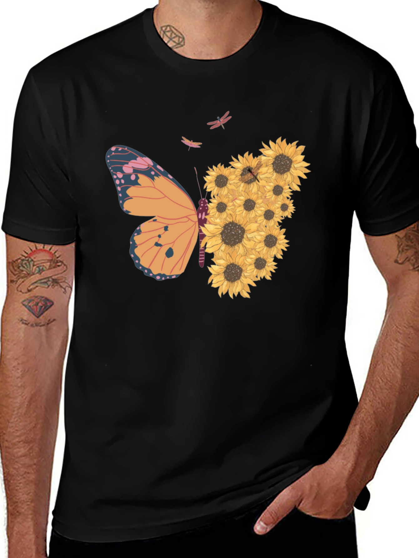 Butterfly Sunflower Graphic Tee - Black Unisex Shirt
