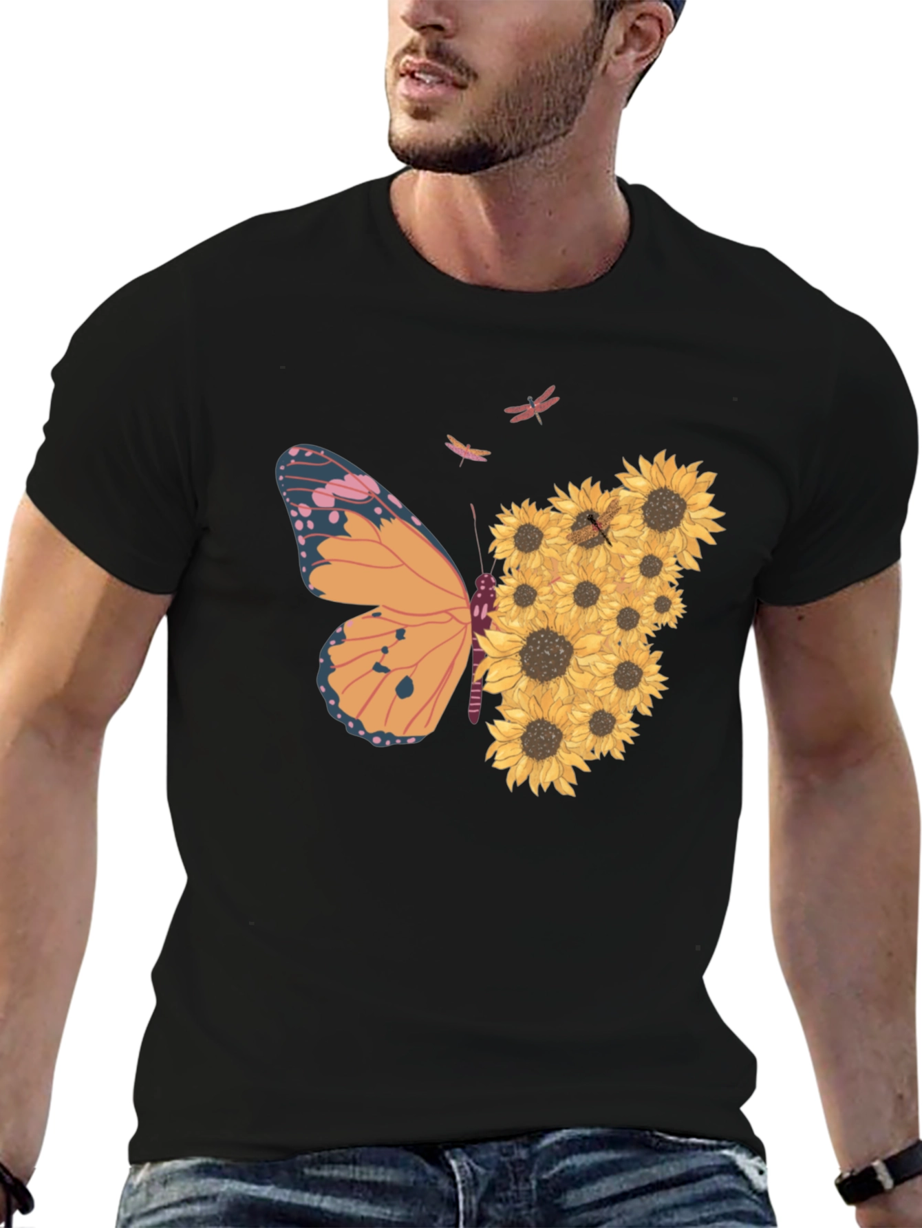 Butterfly Sunflower Graphic Tee - Black Unisex Shirt