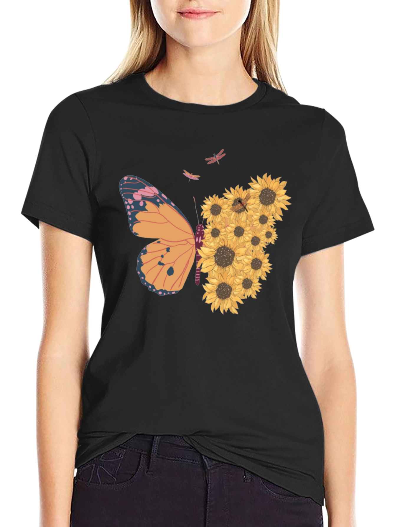 Butterfly Sunflower Graphic Tee - Black Unisex Shirt
