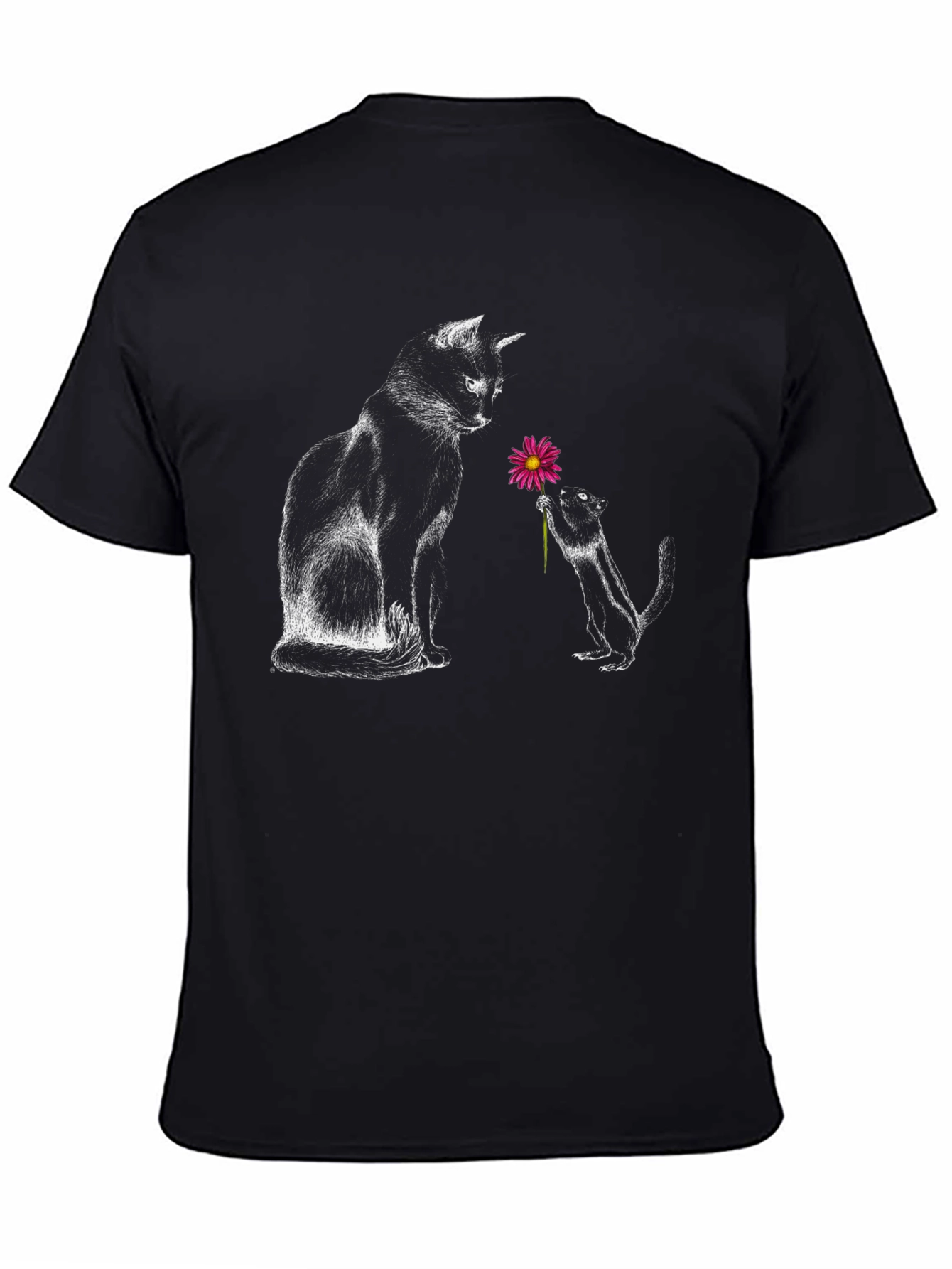 Cat & Squirrel Flower Graphic Tee - Black