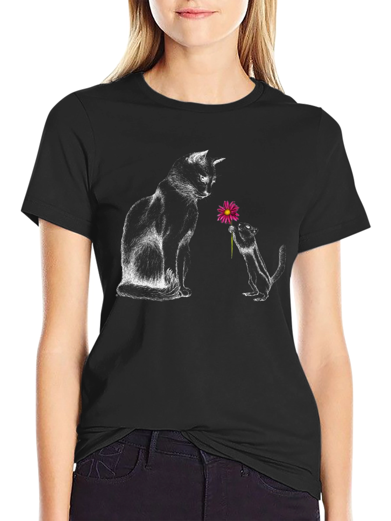 Cat & Squirrel Flower Graphic Tee - Black