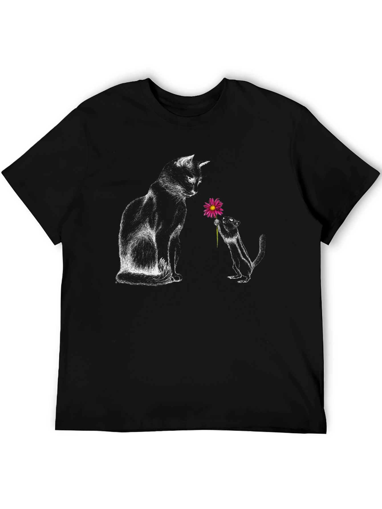 Cat & Squirrel Flower Graphic Tee - Black