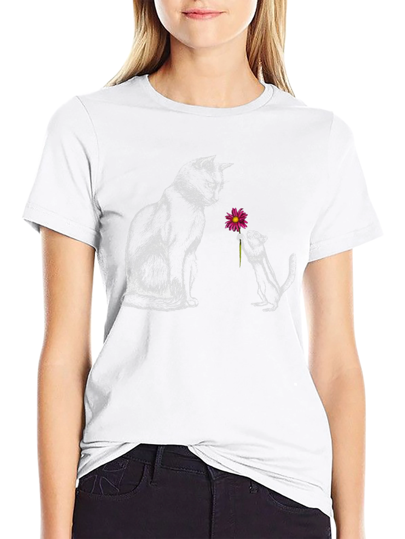 Cat & Squirrel Flower Graphic Tee - Black