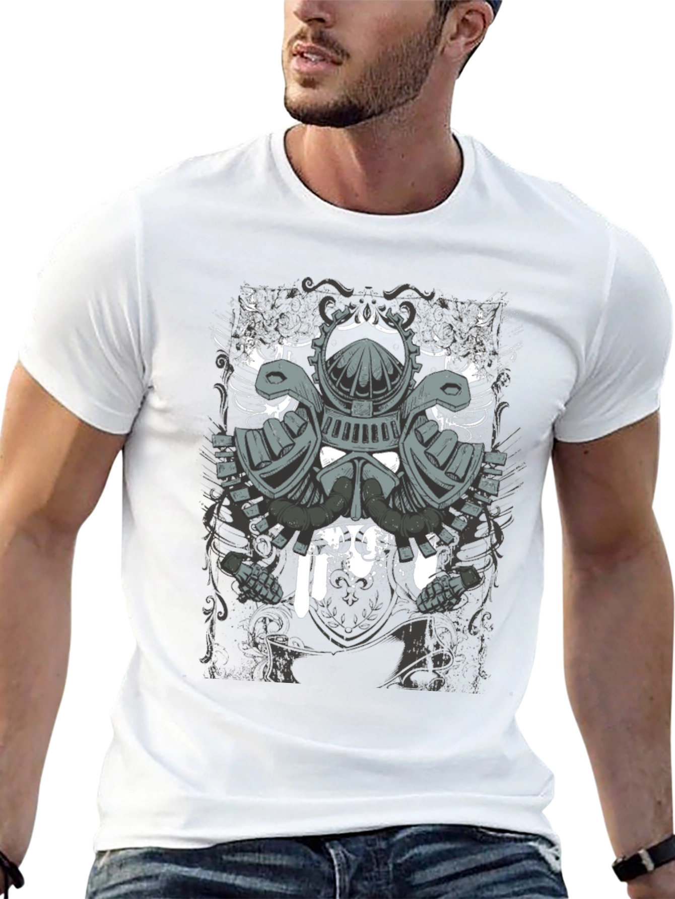 Mens Black T-Shirt with Knight Helmet Graphic