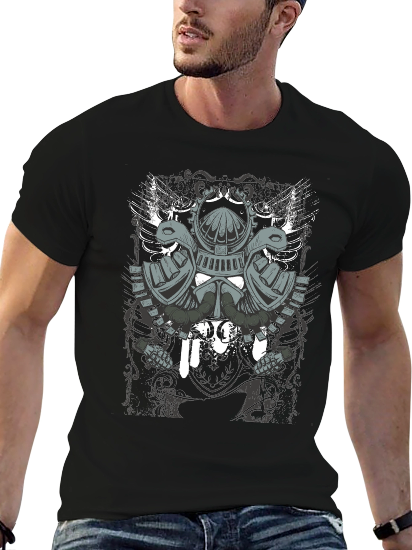 Mens Black T-Shirt with Knight Helmet Graphic