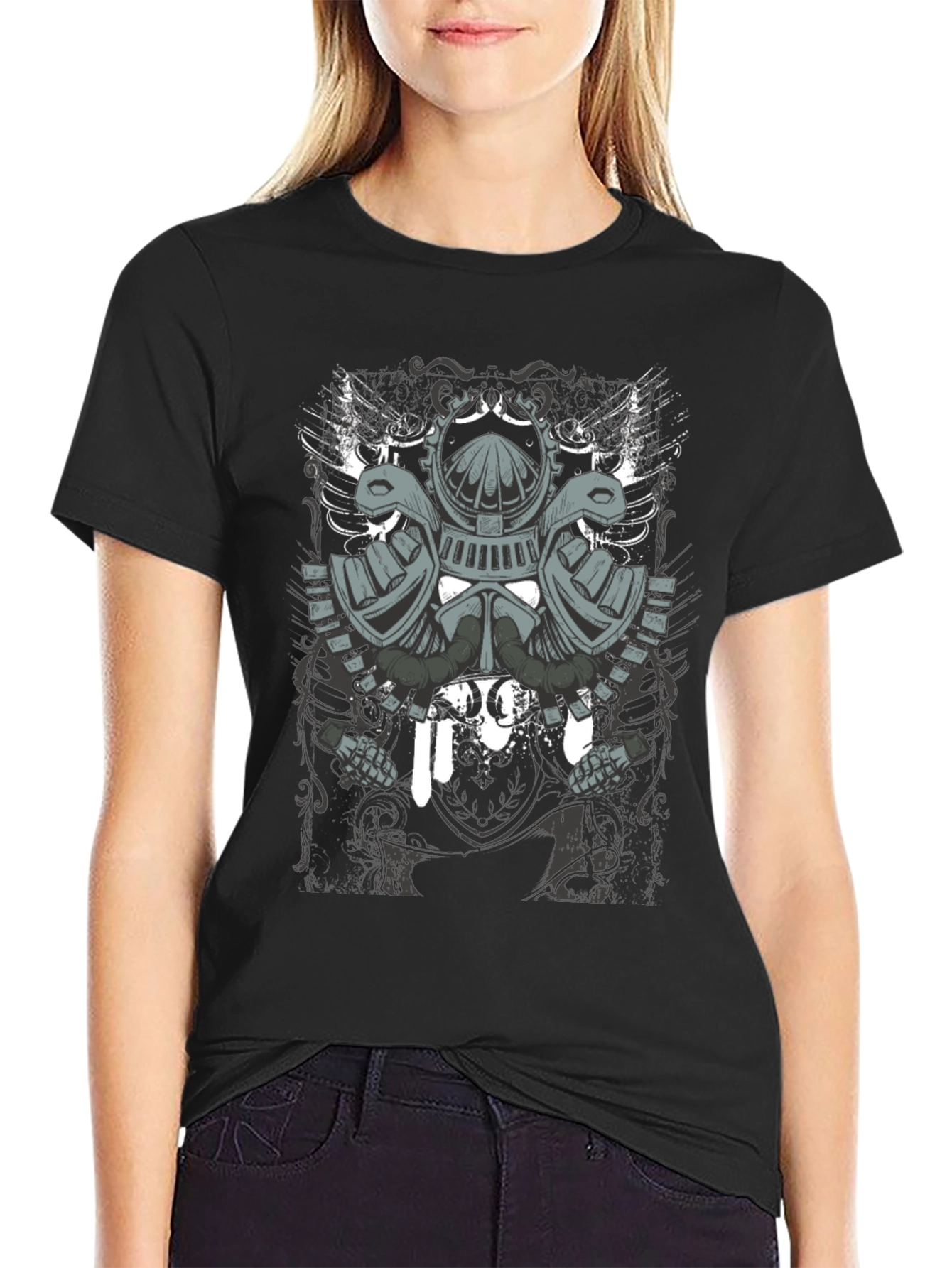 Mens Black T-Shirt with Knight Helmet Graphic