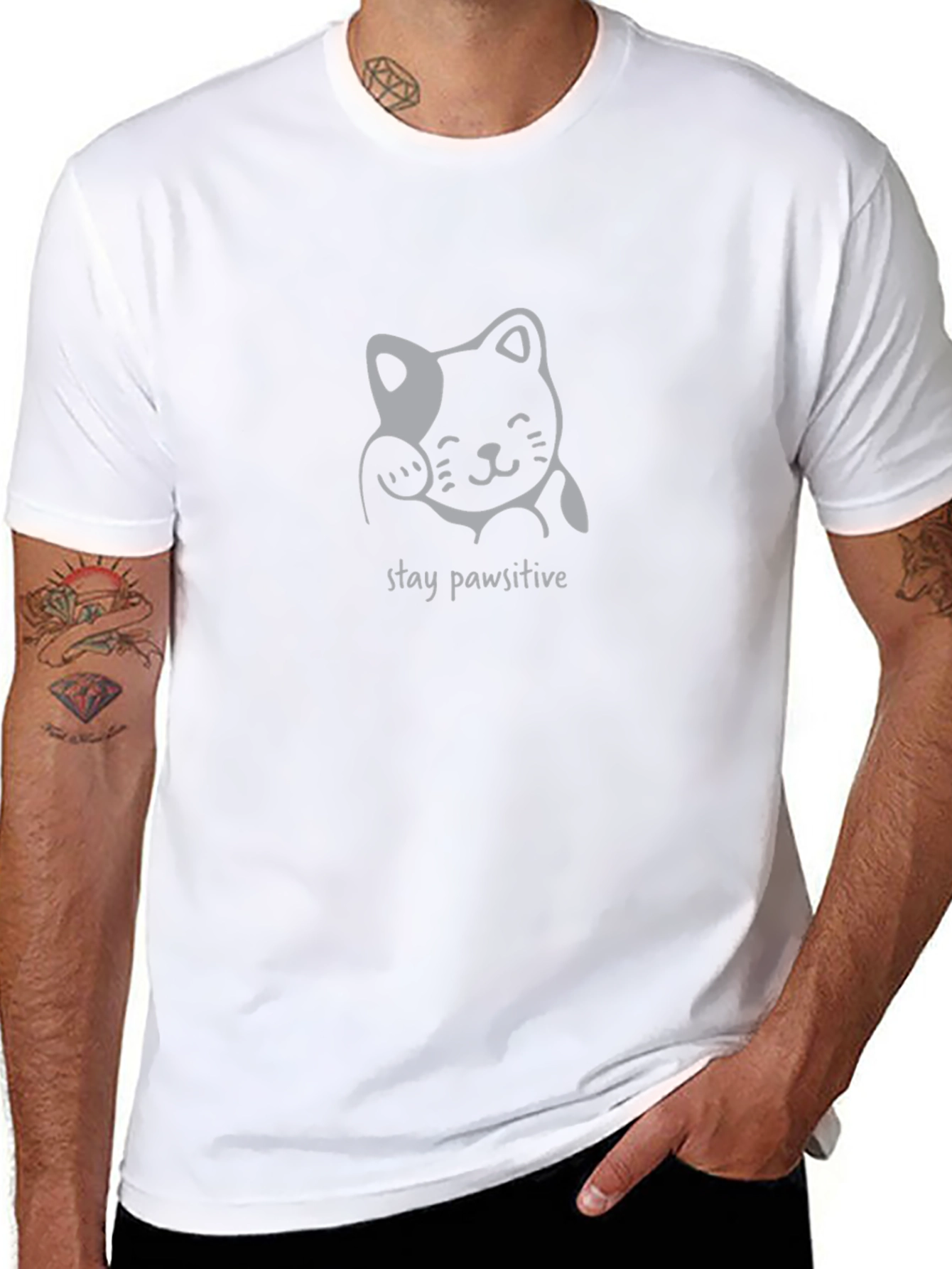 Stay Pawsitive Cat Graphic Tee - Black