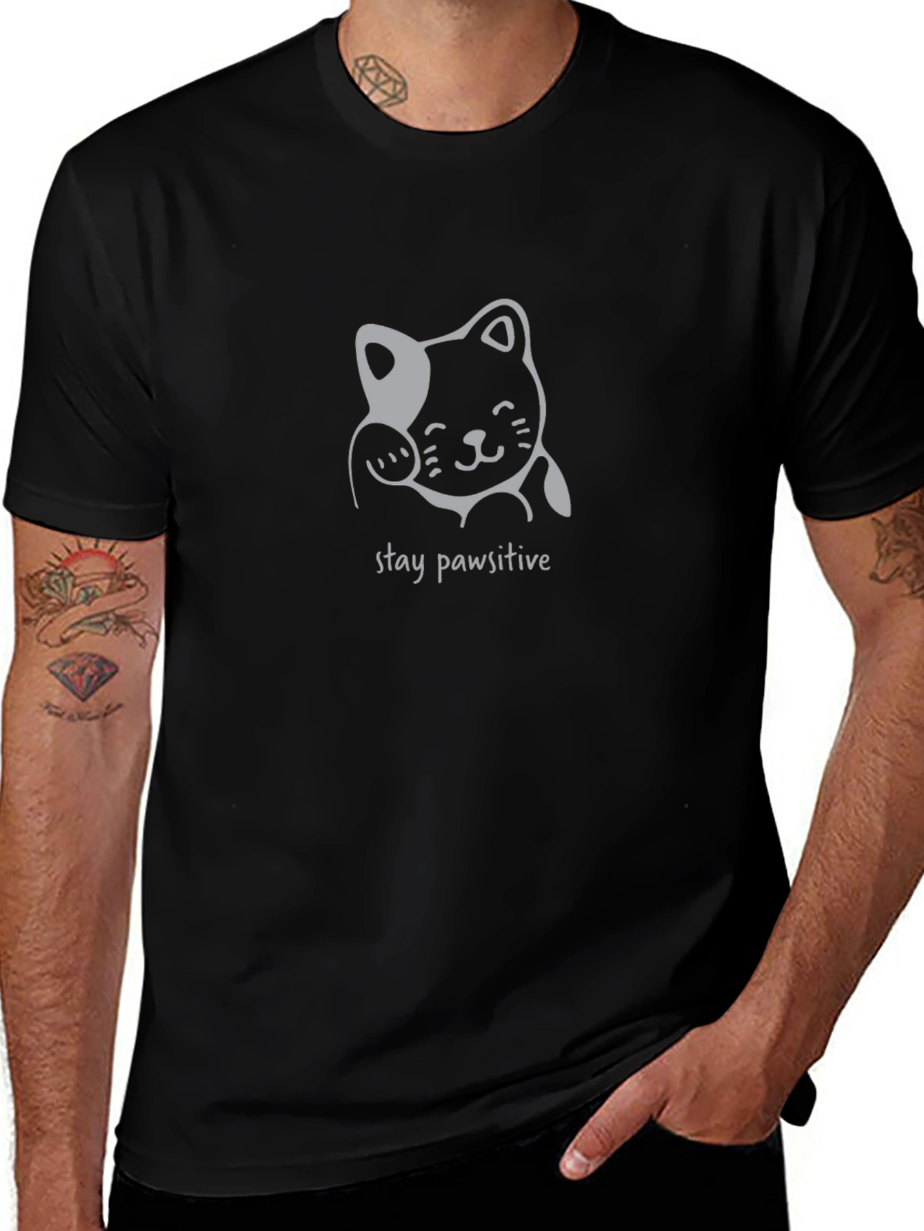 Stay Pawsitive Cat Graphic Tee - Black