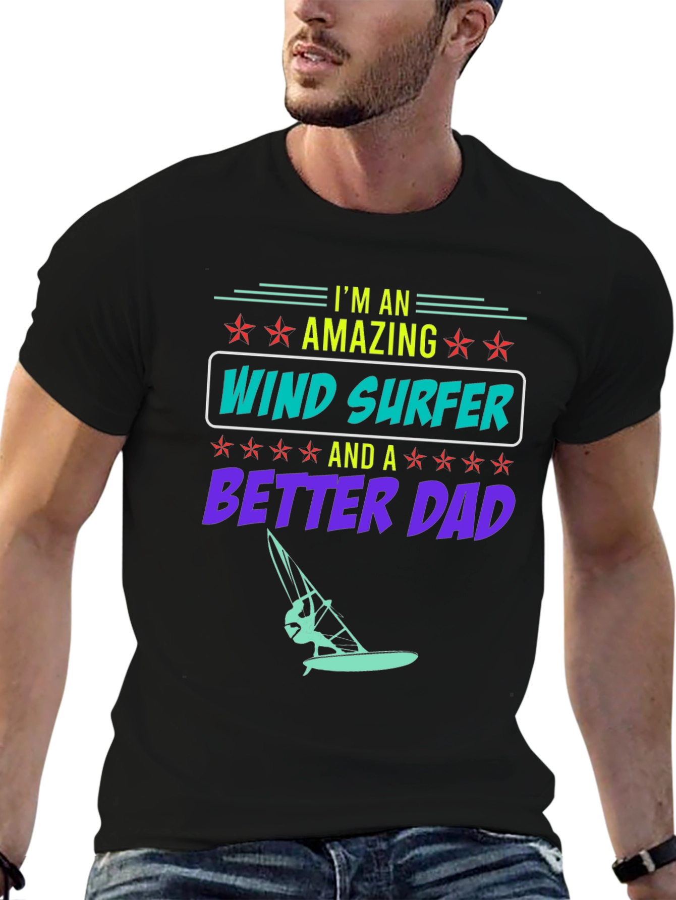 Amazing Wind Surfer Dad Black Graphic Tee