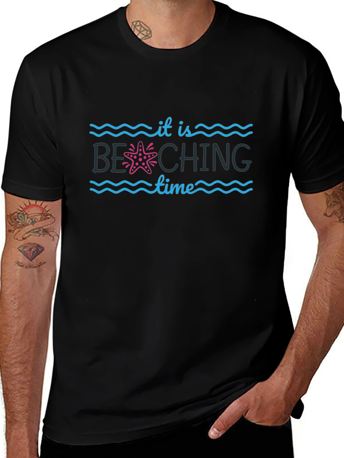 Beach Time Black T-Shirt with Starfish Design