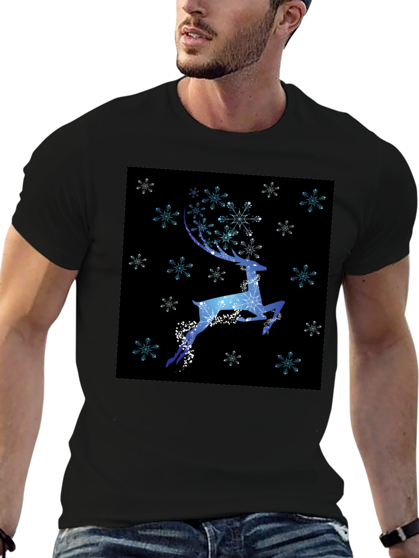 Winter Reindeer Snowflake Graphic Black T-Shirt