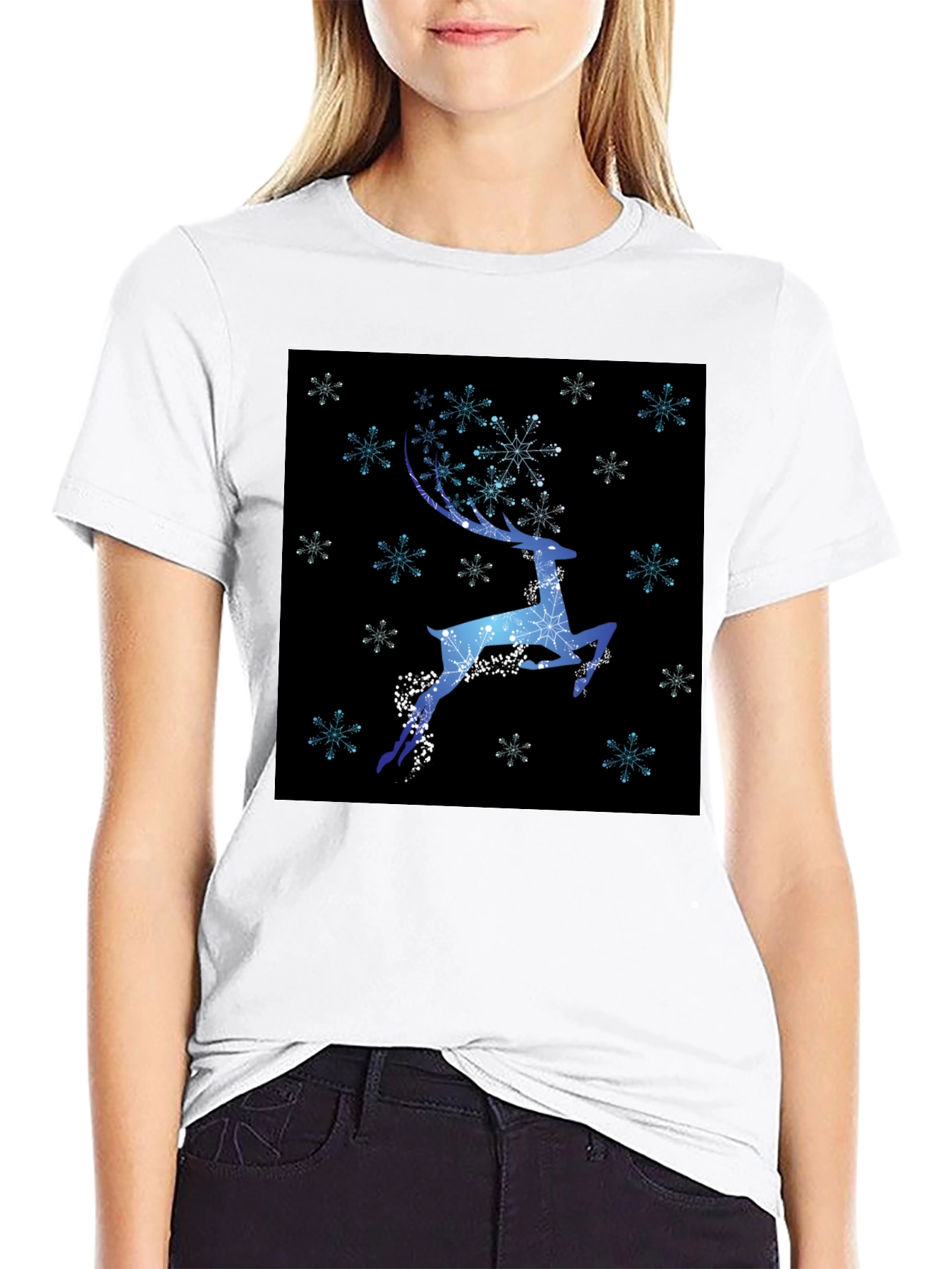 Winter Reindeer Snowflake Graphic Black T-Shirt