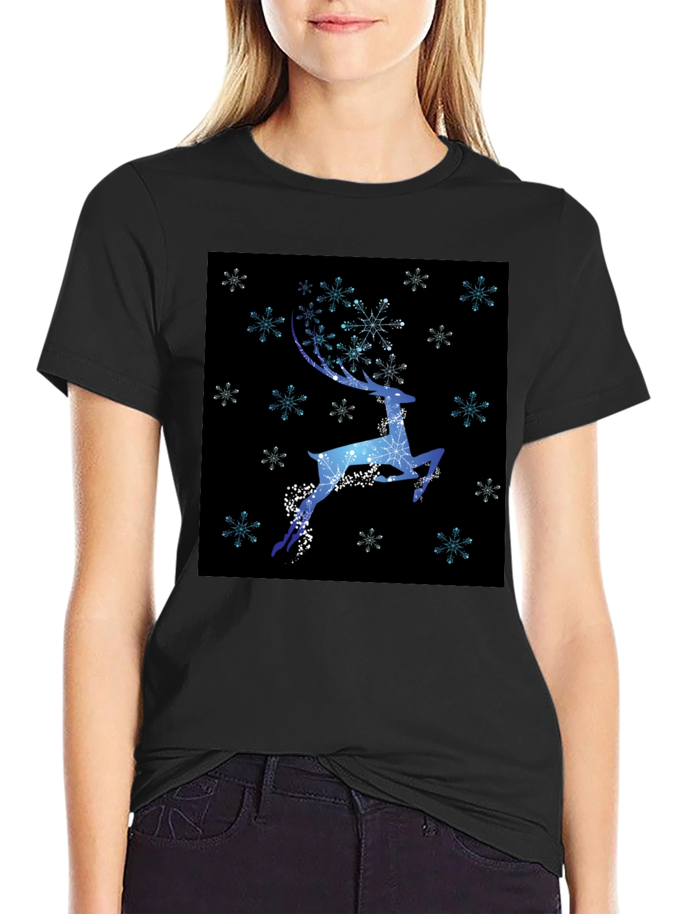 Winter Reindeer Snowflake Graphic Black T-Shirt