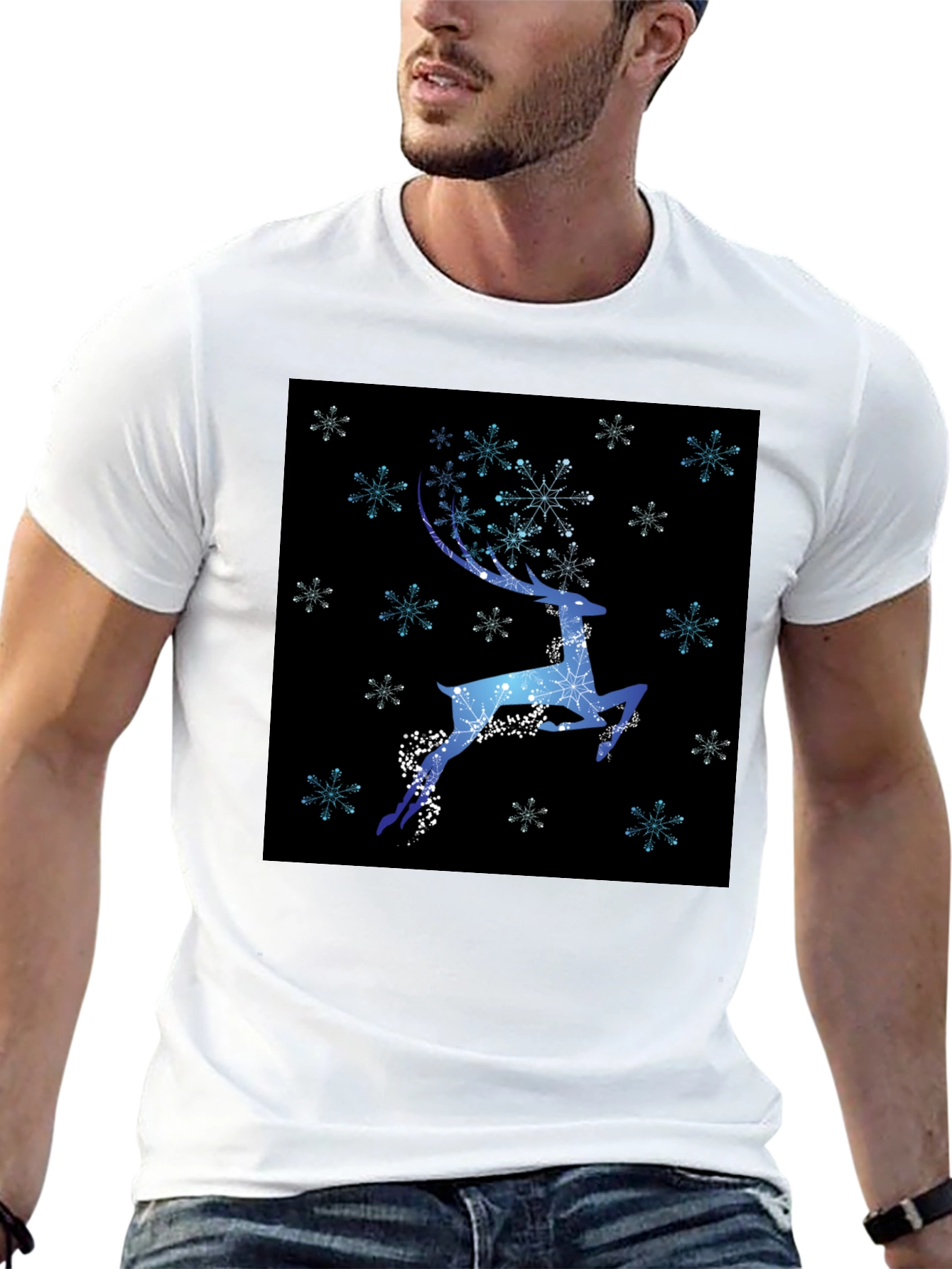Winter Reindeer Snowflake Graphic Black T-Shirt