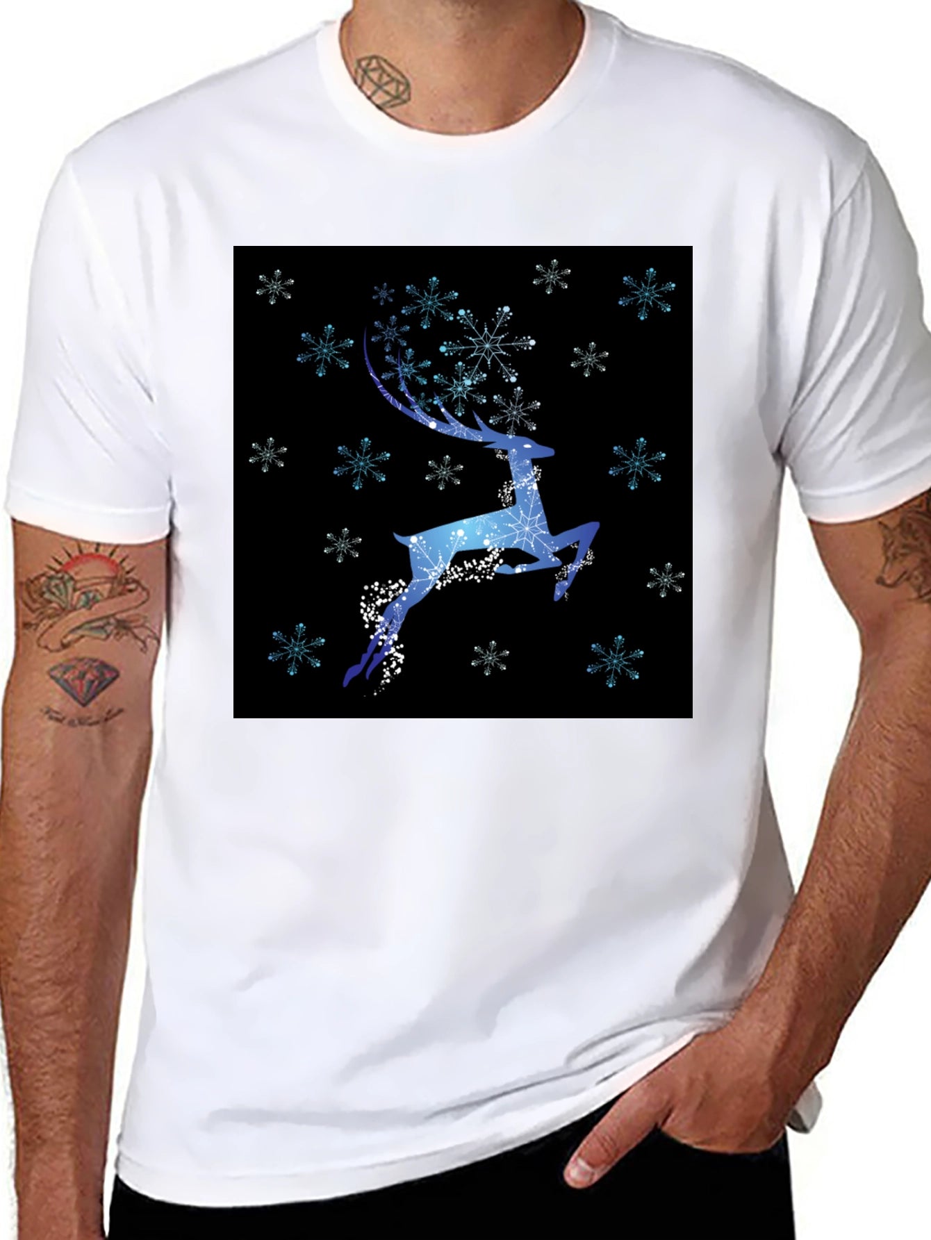 Winter Reindeer Snowflake Graphic Black T-Shirt