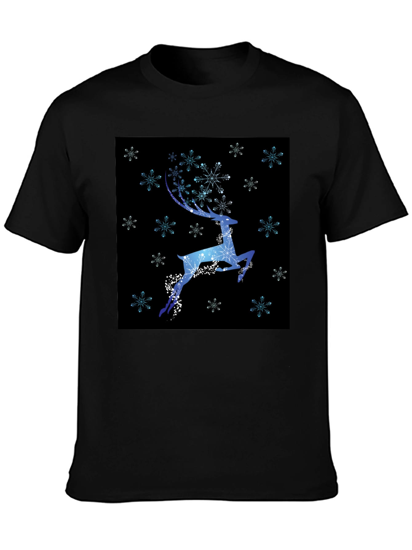 Winter Reindeer Snowflake Graphic Black T-Shirt