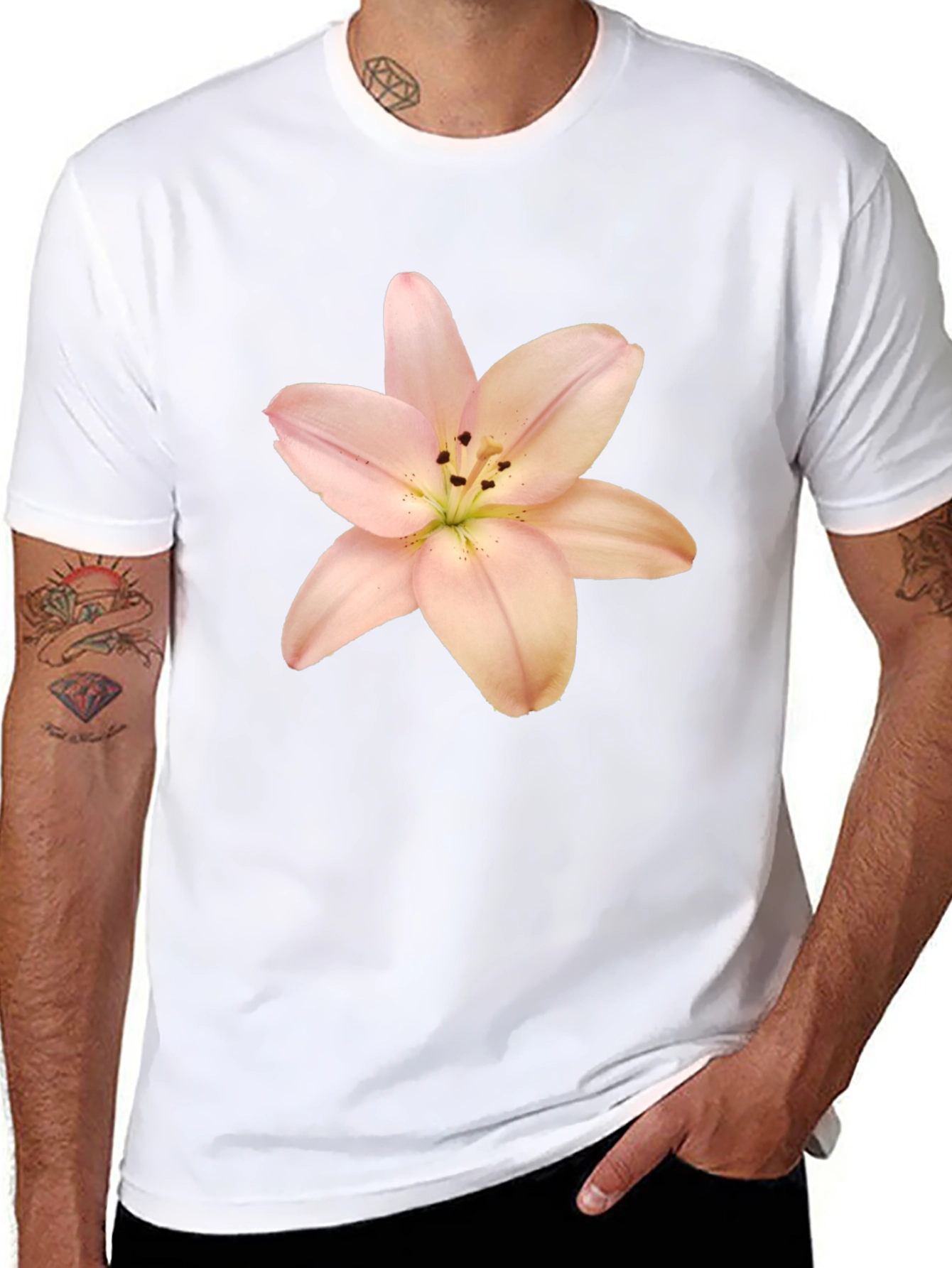 Black T-Shirt with Floral Lily Print