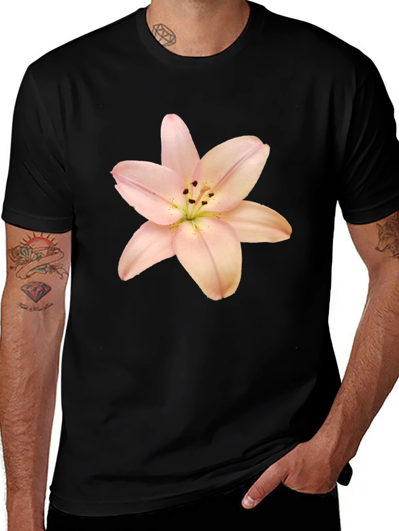 Black T-Shirt with Floral Lily Print