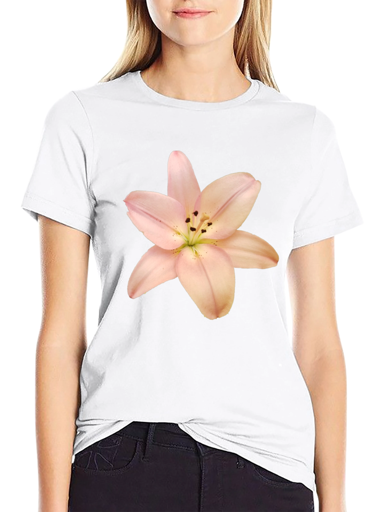 Black T-Shirt with Floral Lily Print