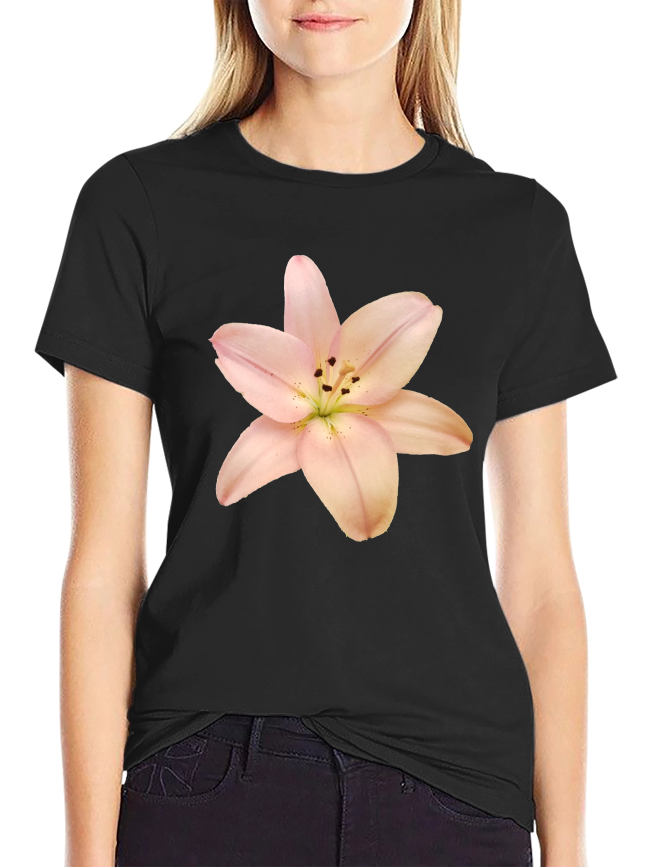 Black T-Shirt with Floral Lily Print