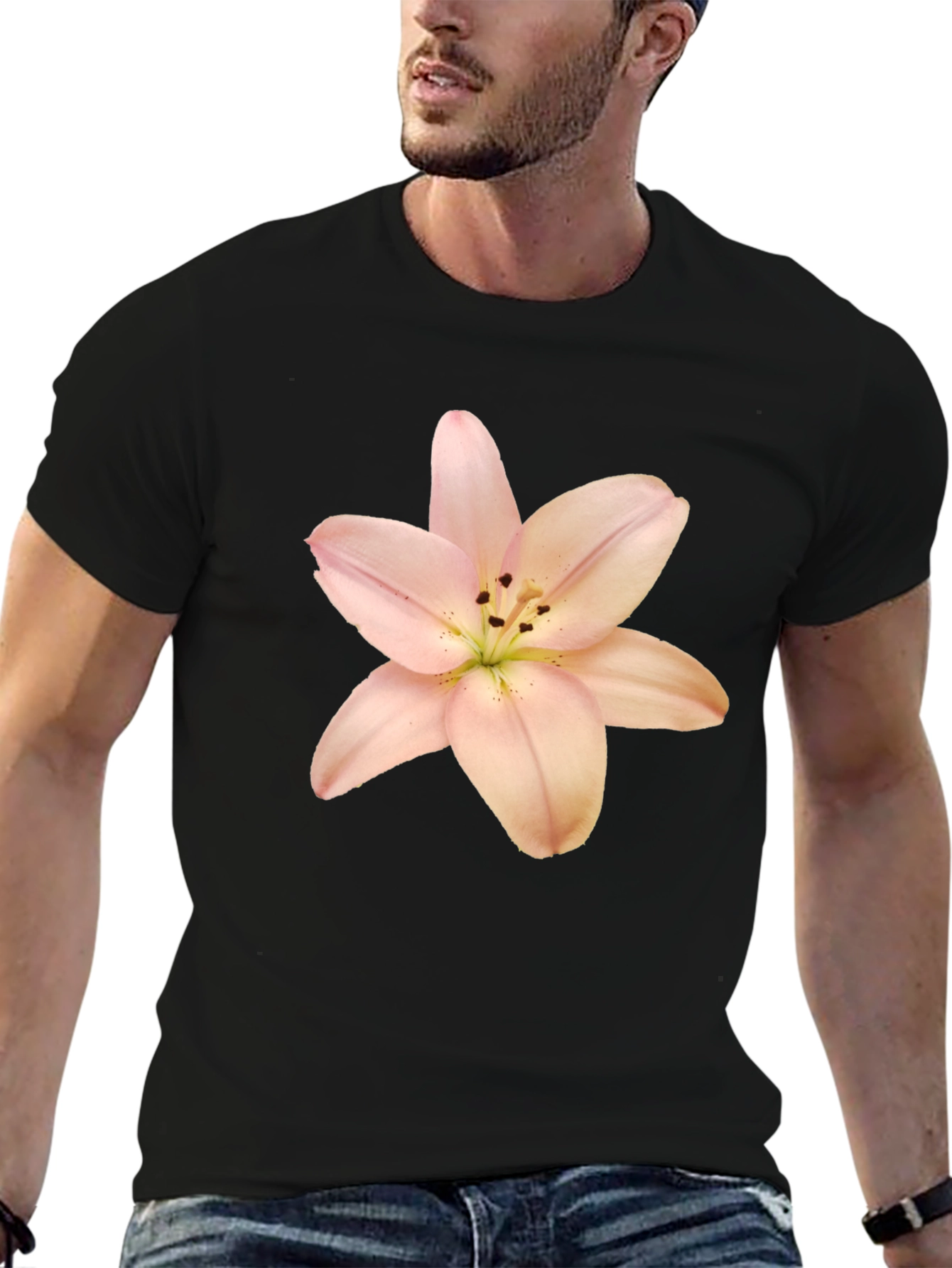 Black T-Shirt with Floral Lily Print