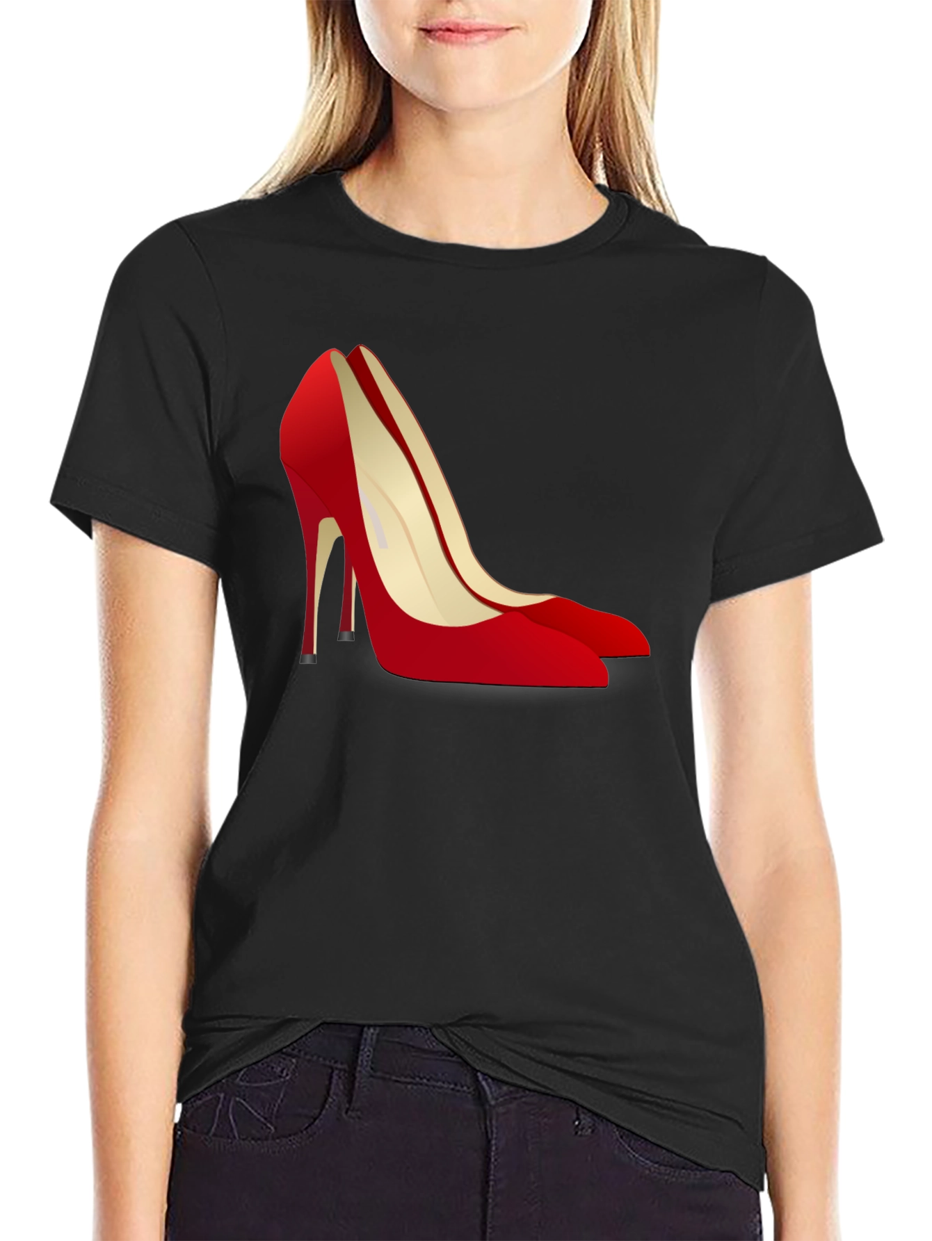 Black T-Shirt with Red High Heel Shoe Design