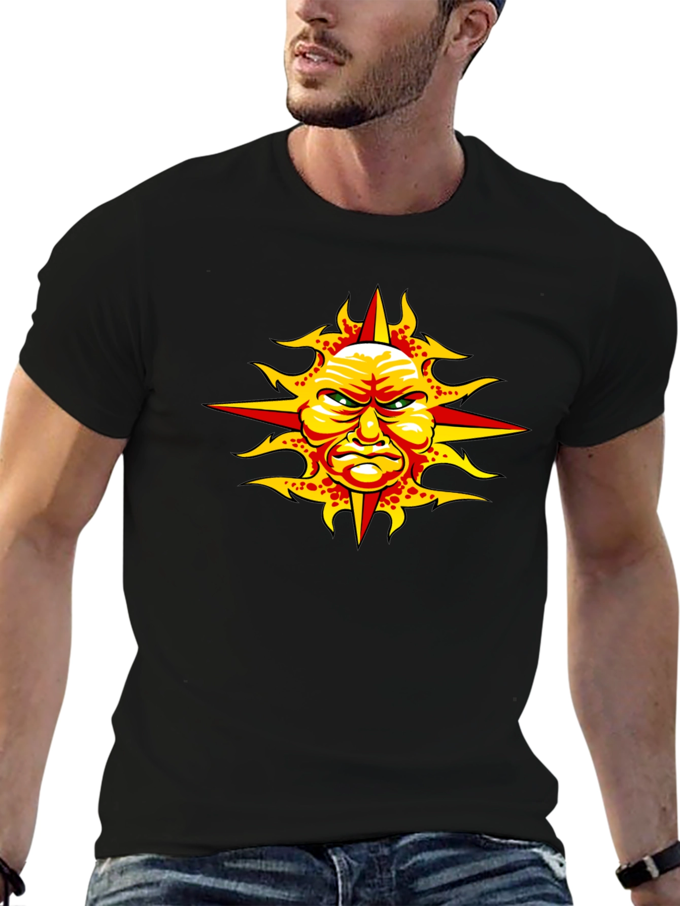 Angry Sun Graphic Tee - Unique Design Black T-Shirt