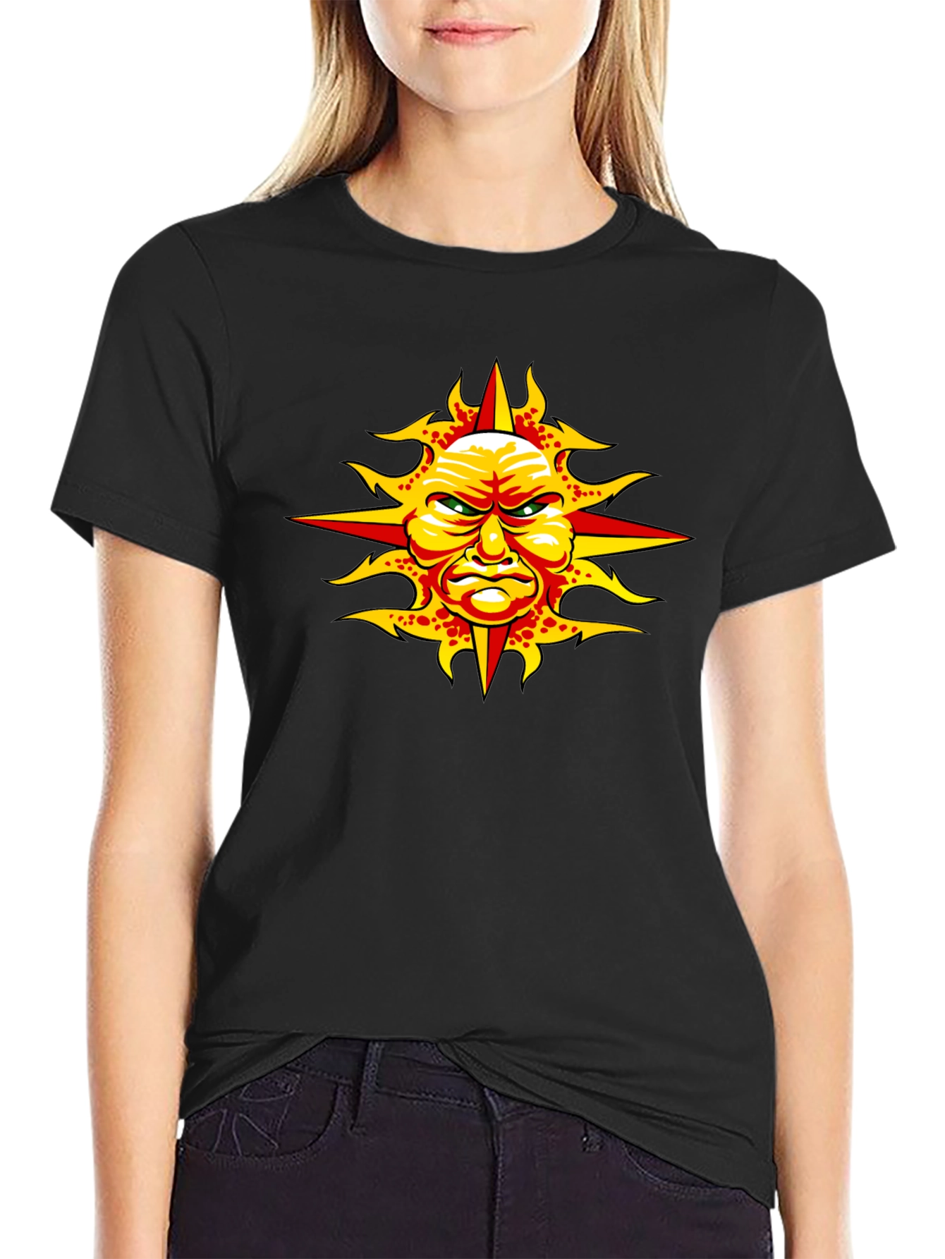 Angry Sun Graphic Tee - Unique Design Black T-Shirt