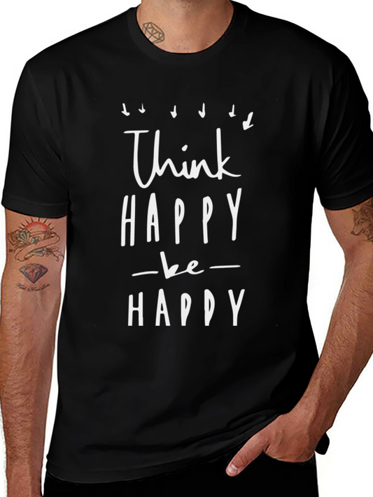 Think Happy Be Happy Graphic Tee - Black Cotton Casual Shirt