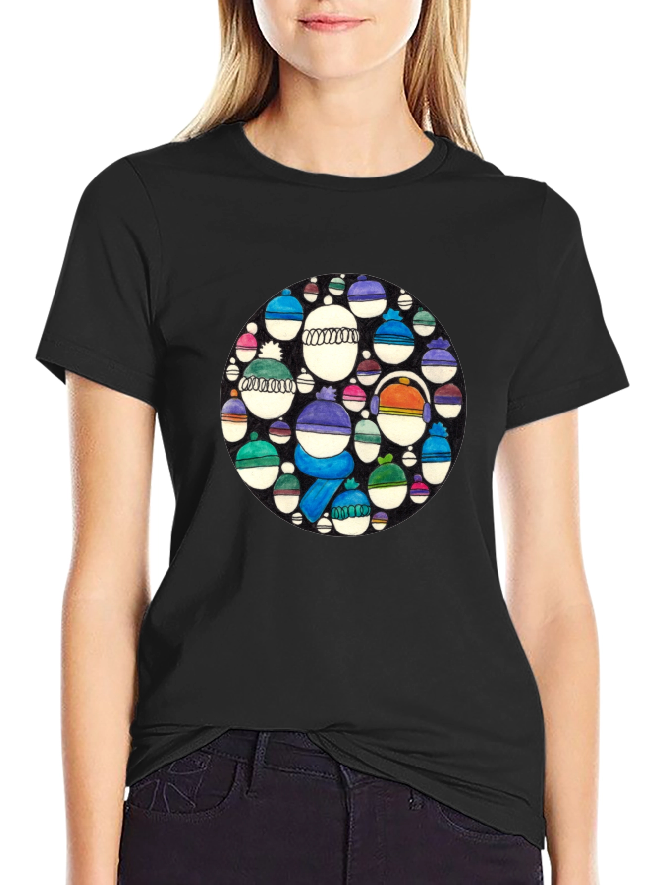Whimsical Winter Hats Graphic Tee - Black