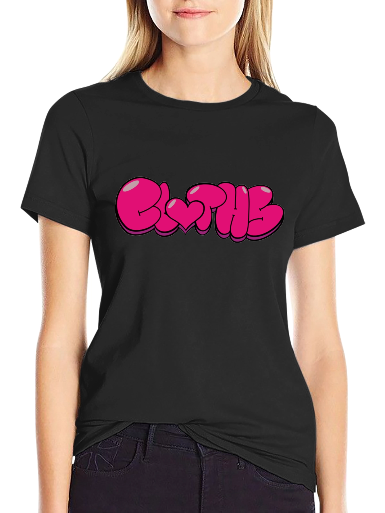 Stylish Black T-Shirt with Pink Bubble Letter Graphic