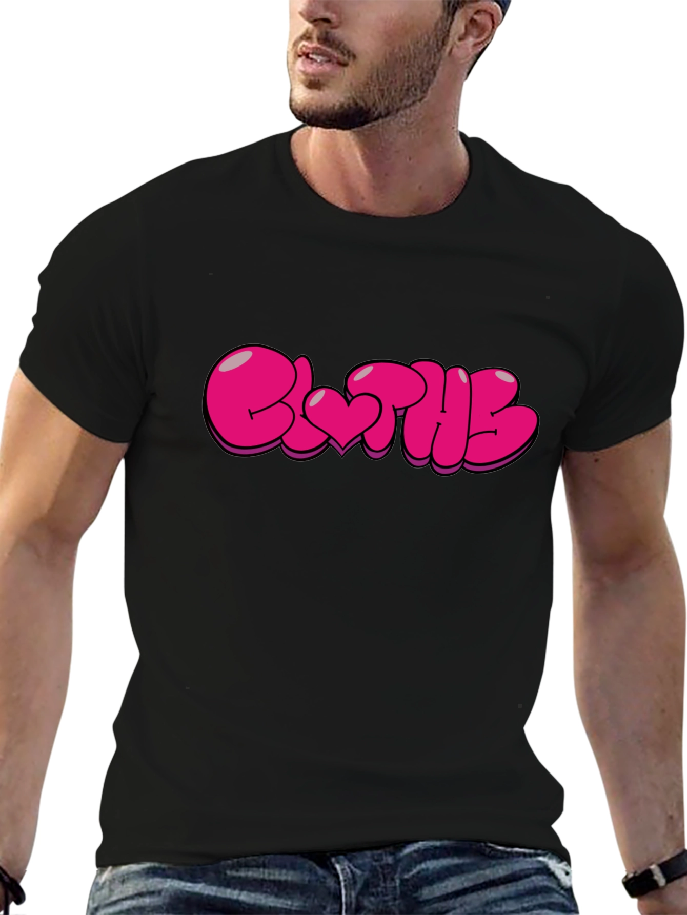 Stylish Black T-Shirt with Pink Bubble Letter Graphic
