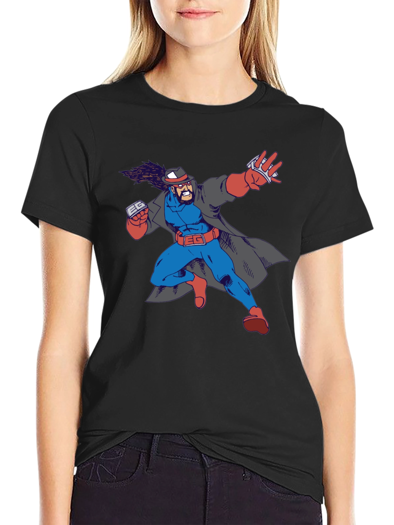Cartoon Superhero Graphic Print Black T-Shirt