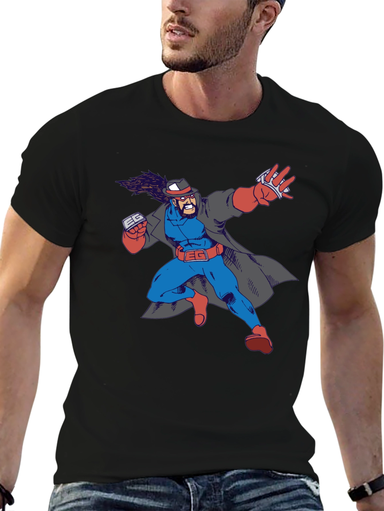 Cartoon Superhero Graphic Print Black T-Shirt