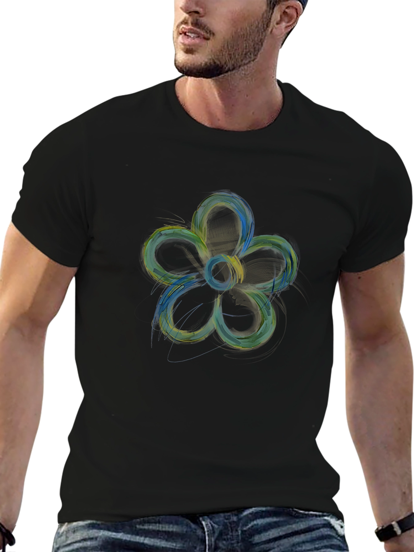 Abstract Flower Graphic Print Black Tee