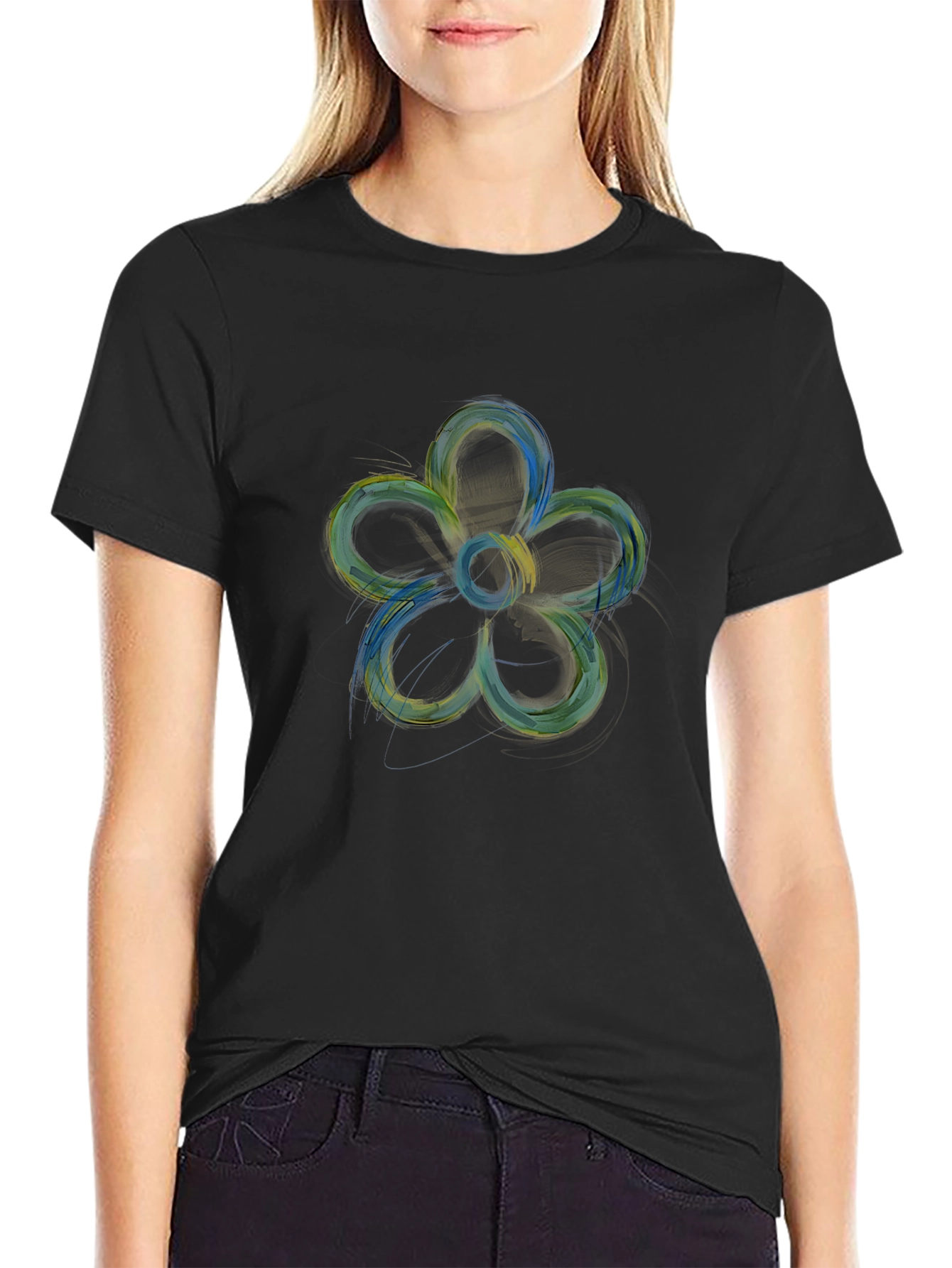 Abstract Flower Graphic Print Black Tee