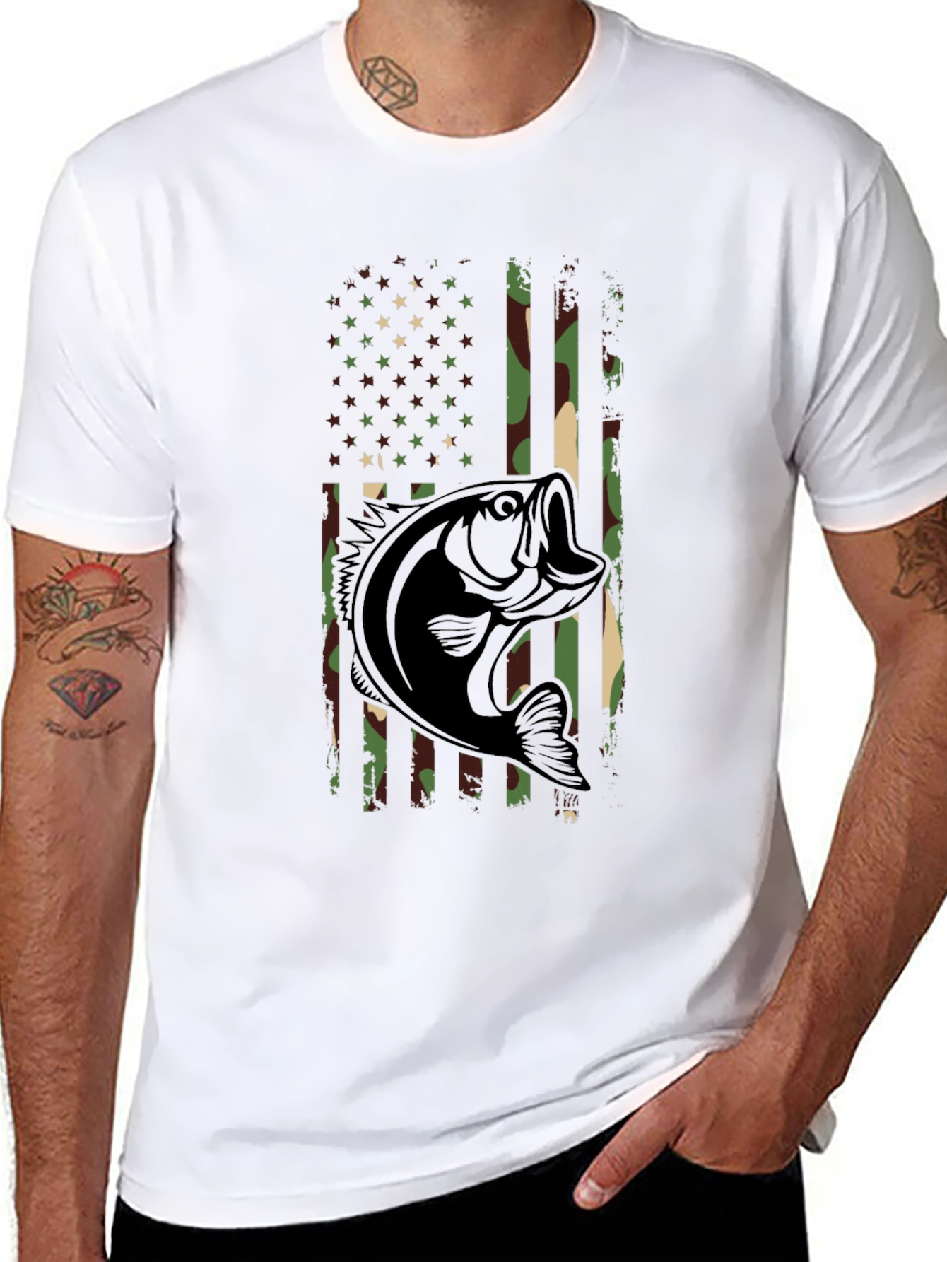 Camouflage American Flag Bass Fishing T-Shirt