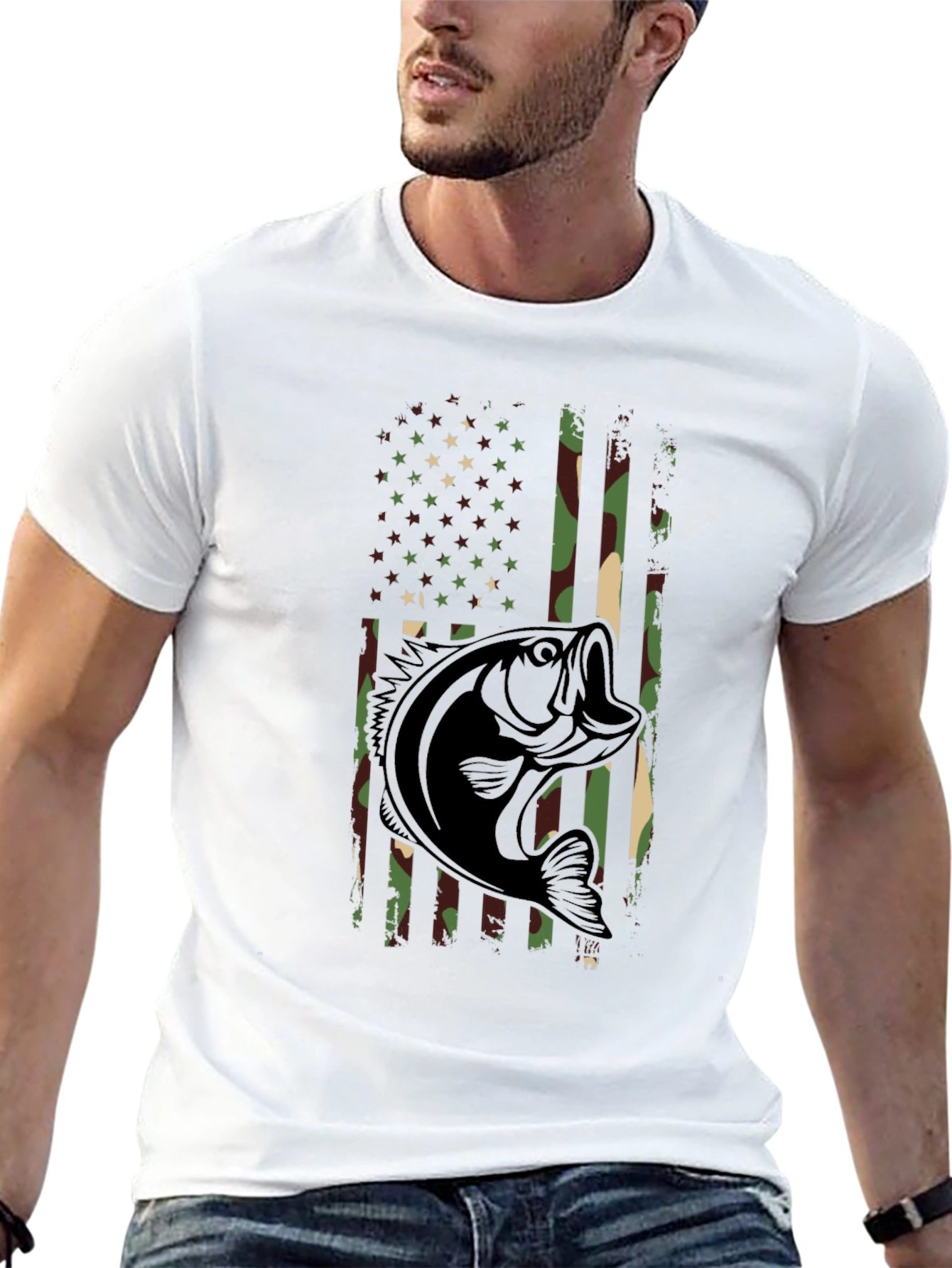 Camouflage American Flag Bass Fishing T-Shirt
