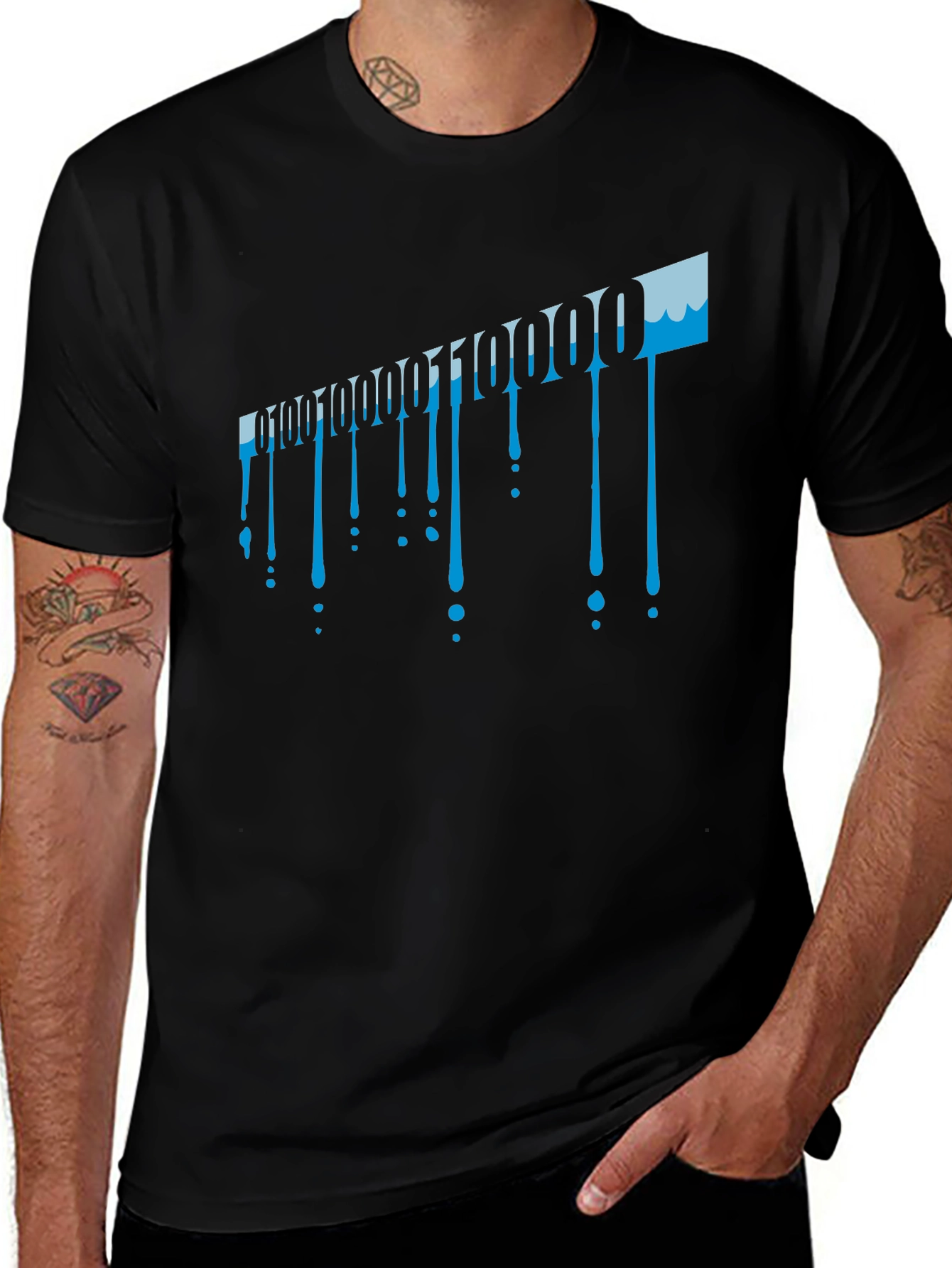 Binary Code Drip Graphic Tee - Black Cotton Blend