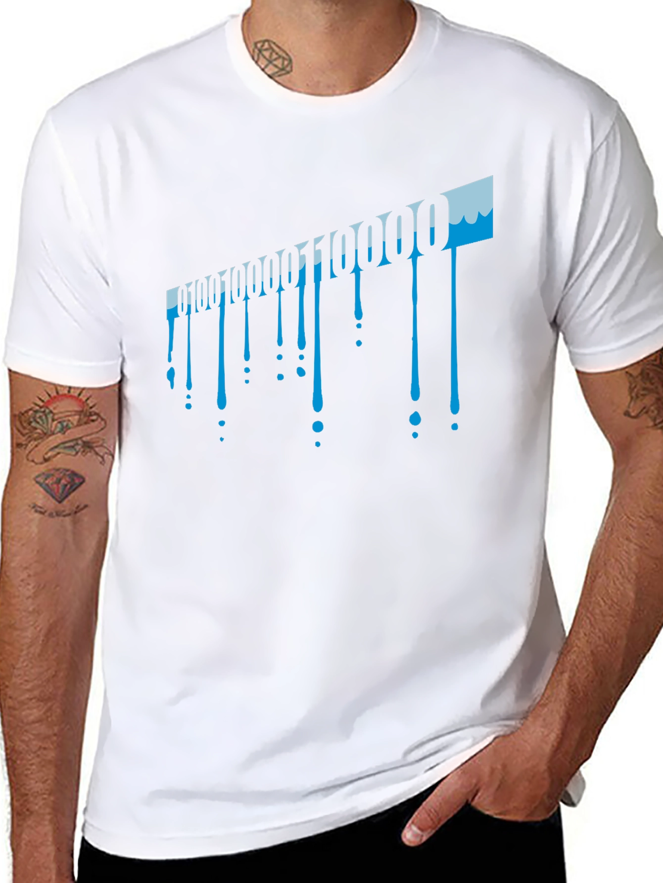 Binary Code Drip Graphic Tee - Black Cotton Blend