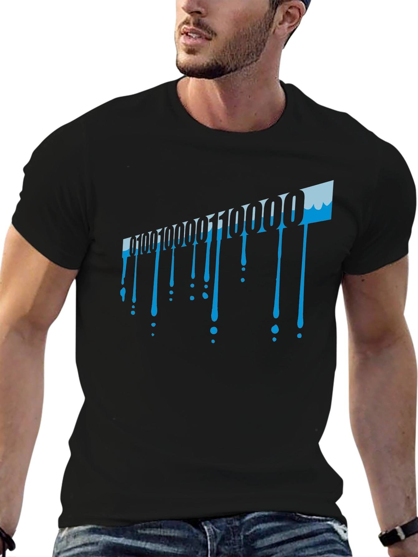 Binary Code Drip Graphic Tee - Black Cotton Blend