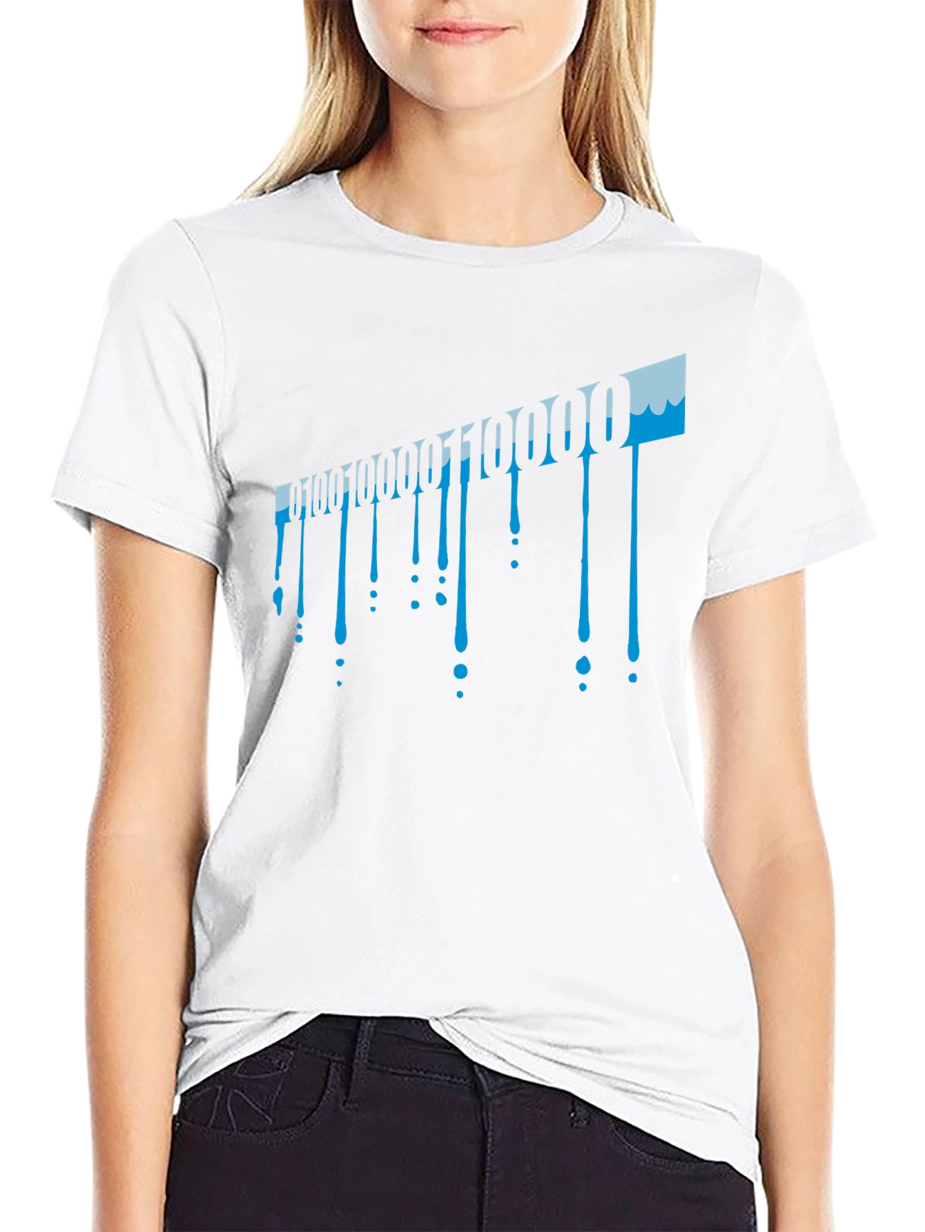 Binary Code Drip Graphic Tee - Black Cotton Blend