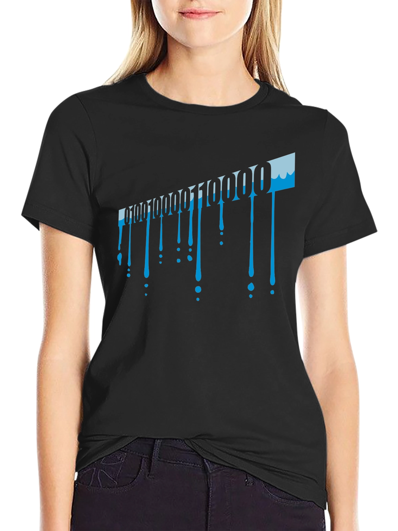 Binary Code Drip Graphic Tee - Black Cotton Blend