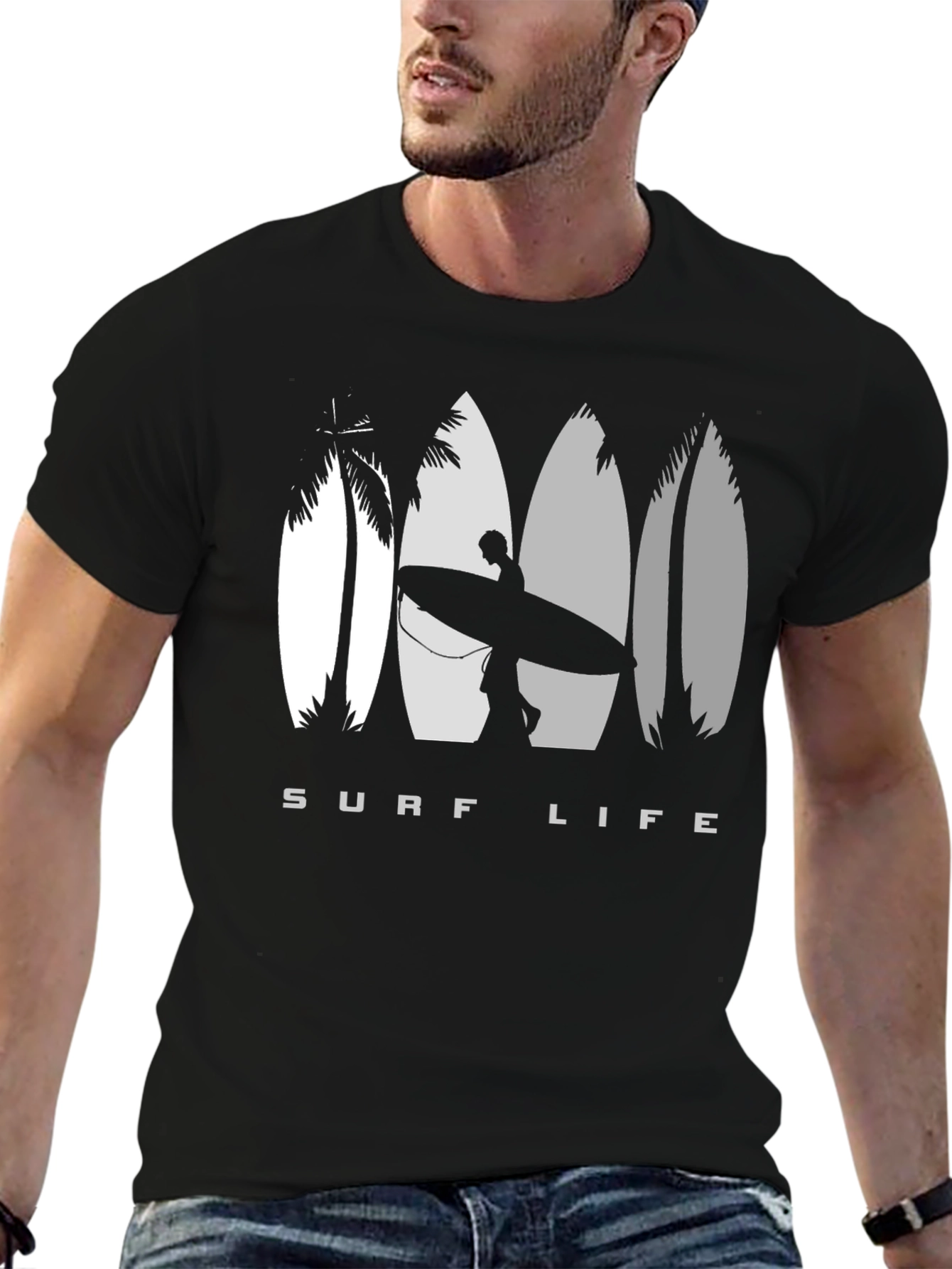 Surf Life Black T-Shirt with Surfboard Design