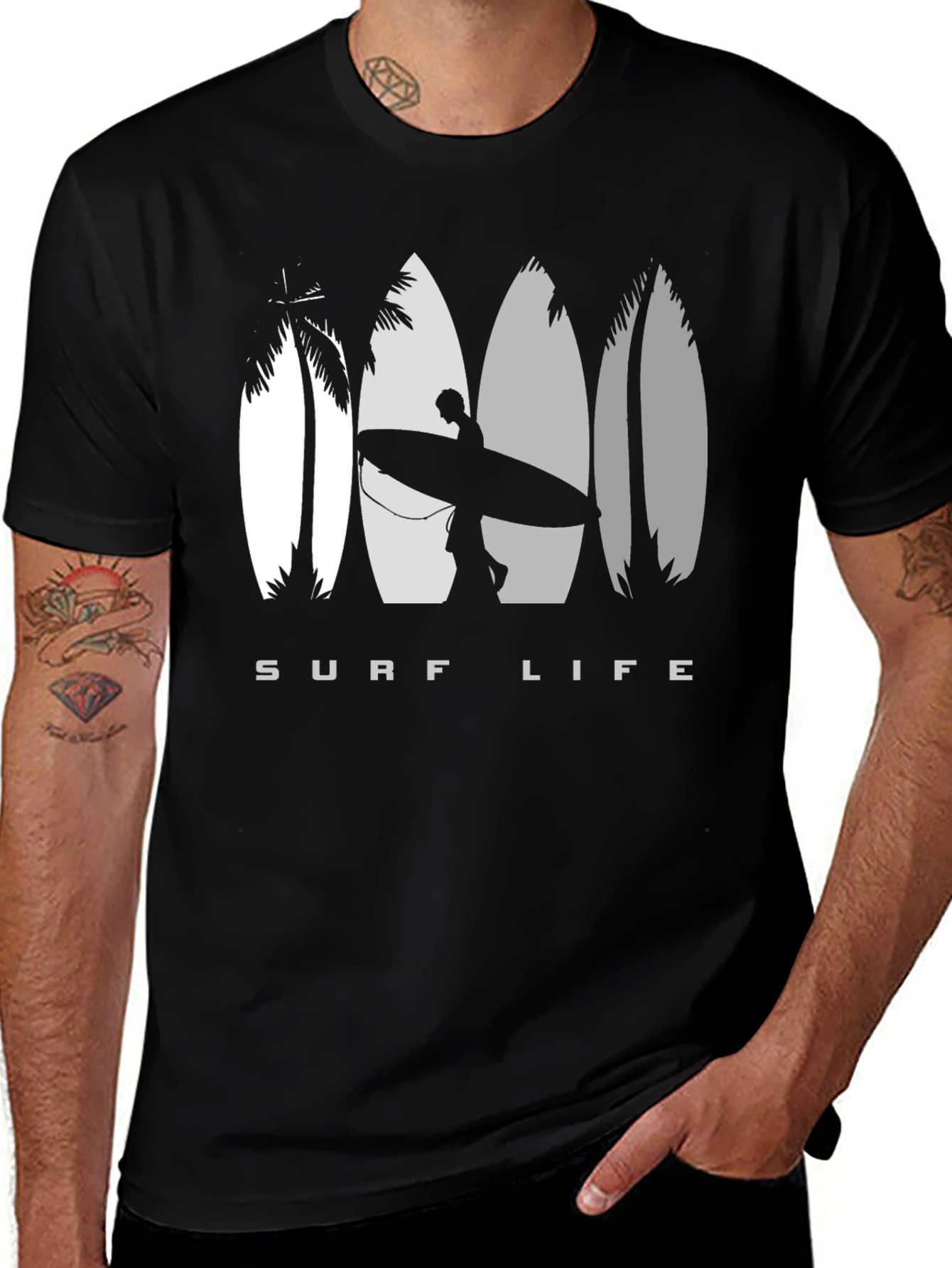 Surf Life Black T-Shirt with Surfboard Design