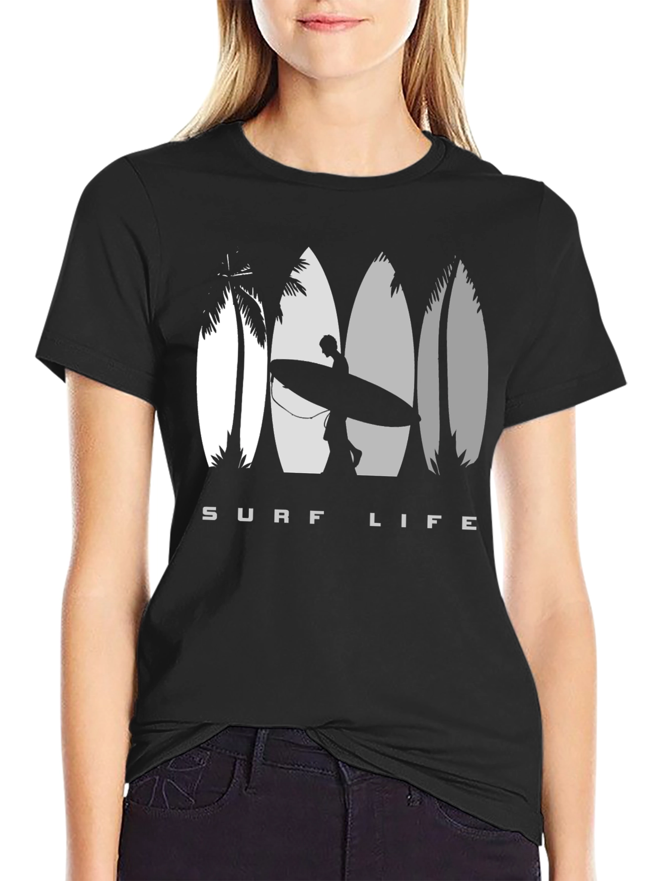 Surf Life Black T-Shirt with Surfboard Design