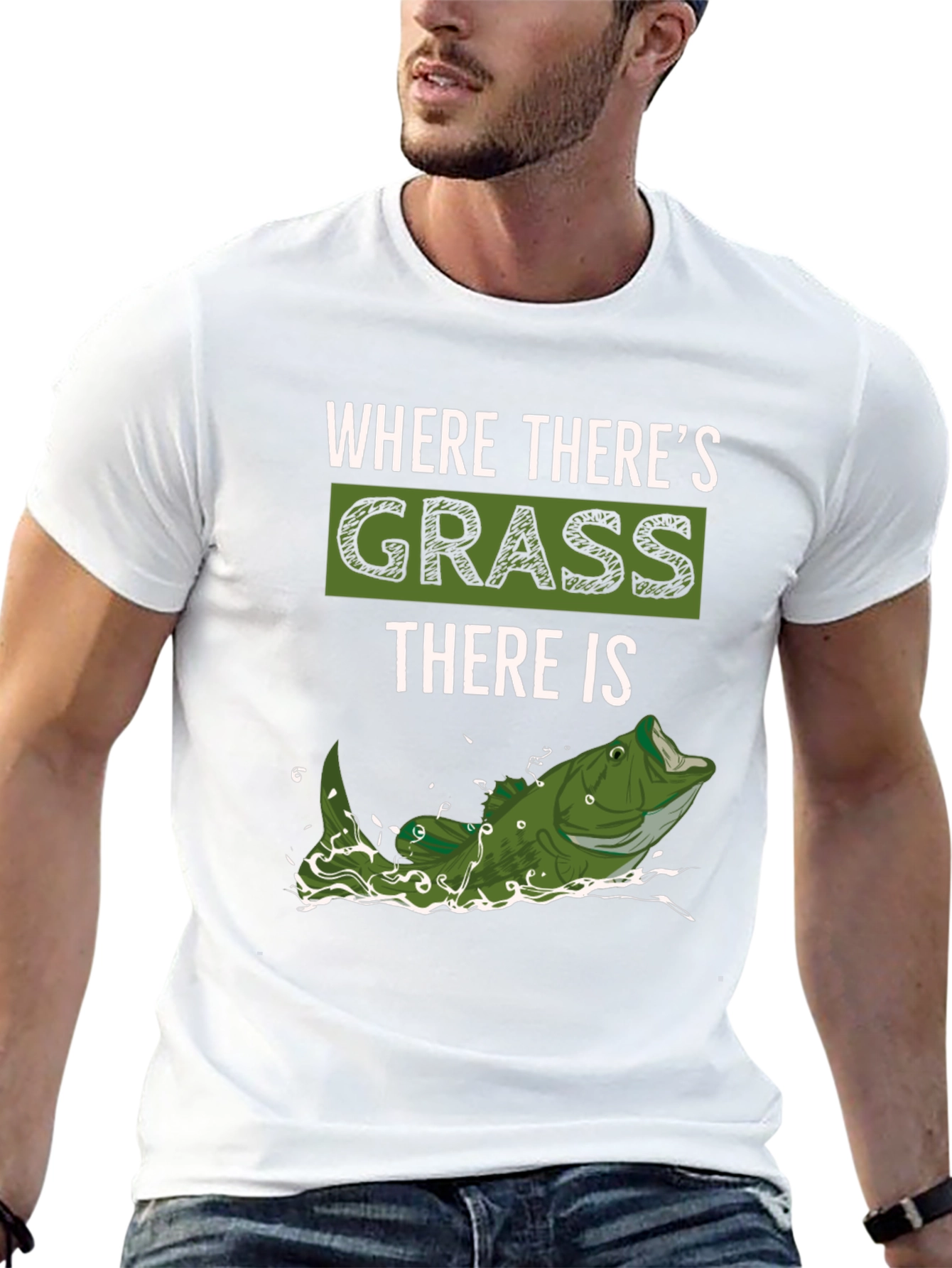 Where Theres Grass There is Fish - Novelty T-Shirt