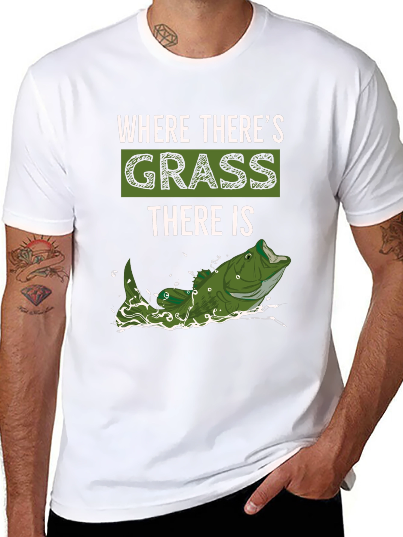 Where Theres Grass There is Fish - Novelty T-Shirt