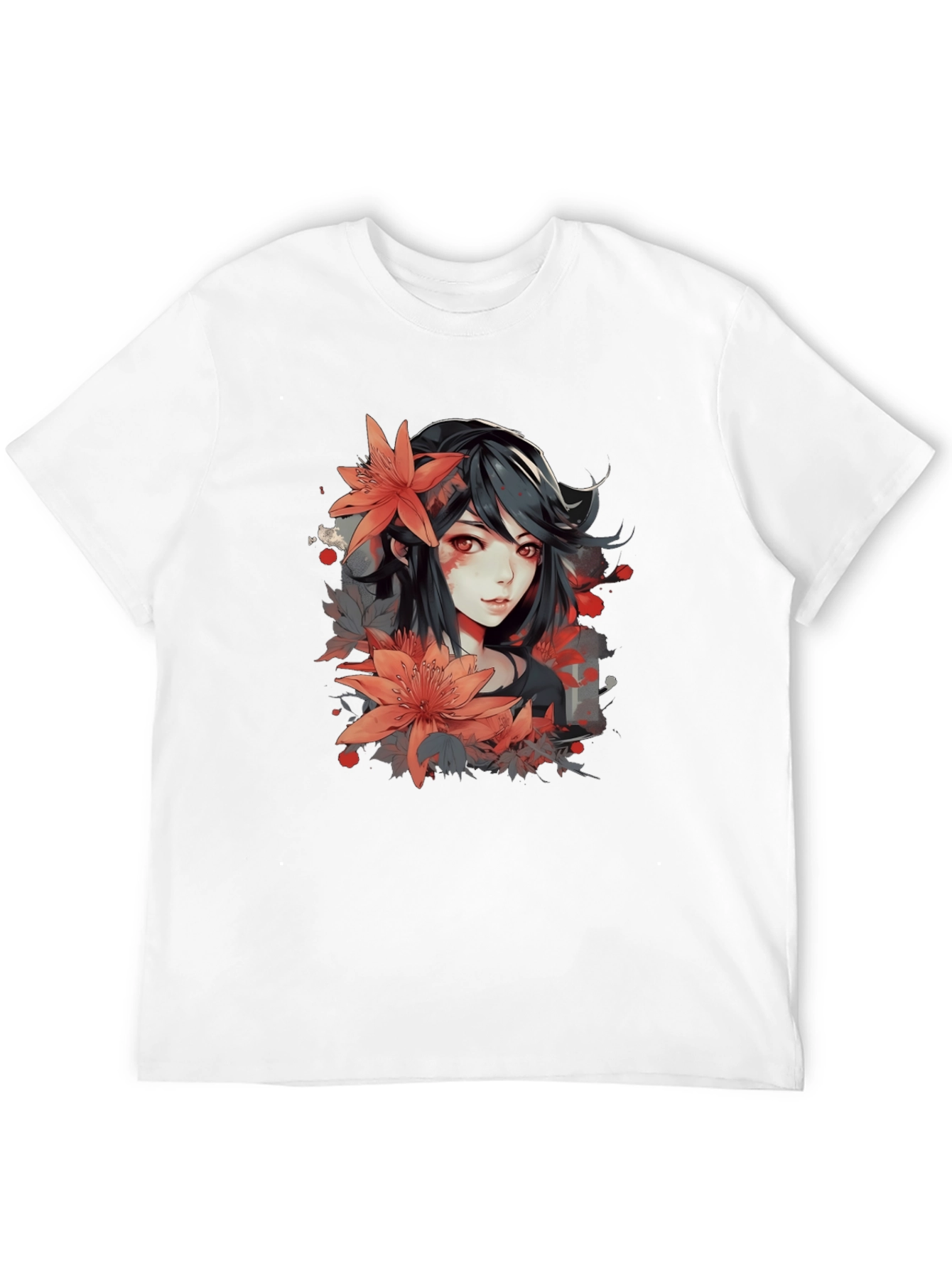 Anime Girl Floral Graphic Black T-Shirt