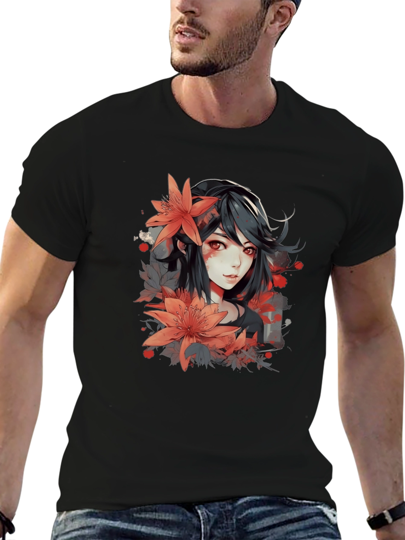 Anime Girl Floral Graphic Black T-Shirt